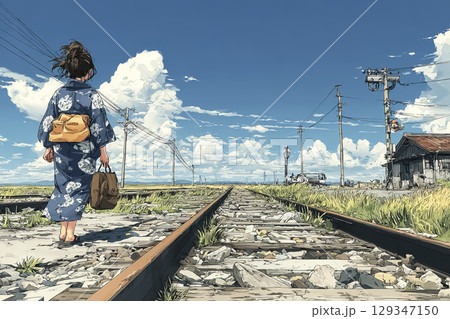 昼の線路沿いを歩く浴衣の少女 昼の線路沿いを歩く浴衣の少女 129347150