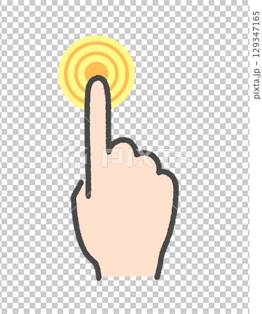 Hand drawn icon of a hand holding down a button with the index finger - Image of a strong press gesture and fingerprint authentication 129347165