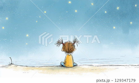 雪降る夜、トナカイのソリに乗ったサンタさん 129347179