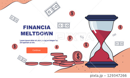 Financial crisis recession hourglass money loss coins bills sand falling time pressure landing page 129347266