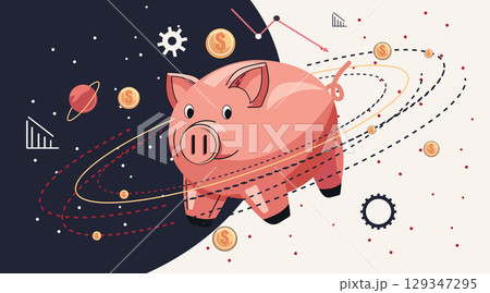 Piggy bank economic crisis recession concept piggy bank floating in space surrounded by falling coins declining graphs gears abstract background Piggy bank economic crisis recession concept piggy bank floating in space surrounded by falling coins declining graphs gears abstract background 129347295