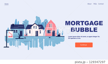 Mortgage bubble real estate crisis houses for sale downward graph suburban homes blue pink trees website banner 129347297