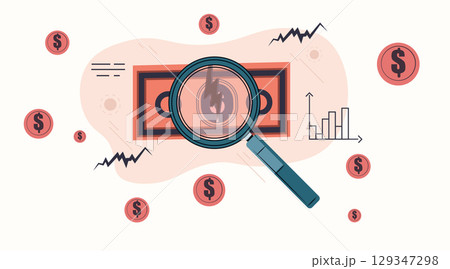 Economic crisis financial downturn analysis magnifying glass examines dollar bill with lightning bolt surrounded by falling stock charts and coins abstract background 129347298