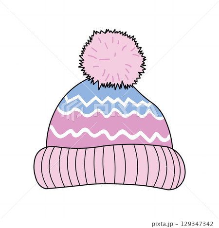 Pink and Blue Zigzag Pattern Beanie with Light Pink Pom-Pom 129347342