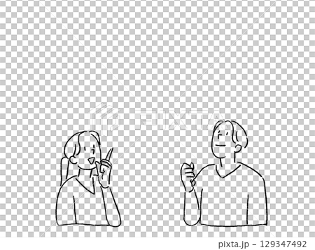 スクラブを着た看護師、医者、Vネックシャツを着た男女（背景透過）、線画 129347492