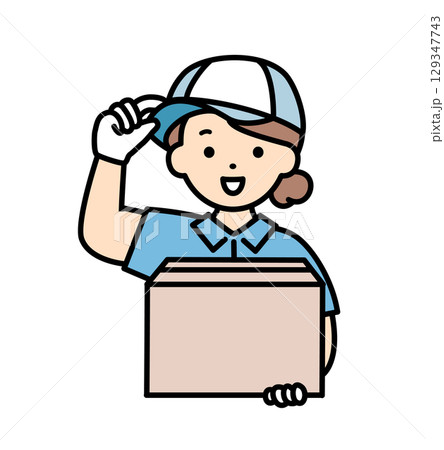 荷物を届ける女性スタッフ　業者　配送　配達　引越し　　業者　男女　上半身　イラスト素材 　謝罪　あい 129347743