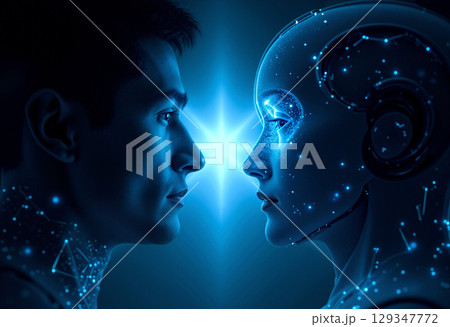 Human looking at female robot 129347772