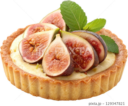 Autumn fig tartlet with a creamy topping and fresh leaves 129347821