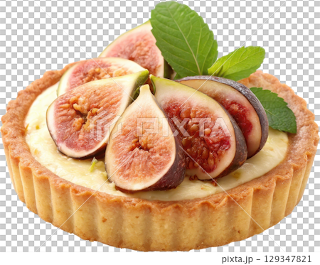 Autumn fig tartlet with a creamy topping and fresh leaves 129347821