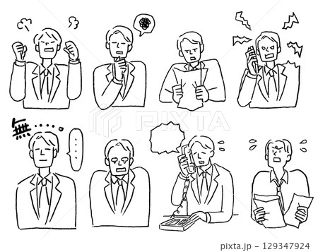 スーツの男性、ビジネスマン、詰め合わせ （泣く、テレアポ、怒る、クレーム、パワハラ）、線画 129347924