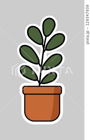 Cartoon illustration of a ficus houseplant in a terracotta pot with a white outline on a gray background. Perfect for home decor, nature or plant-themed design projects. Sticker, t-shirt print Cartoon illustration of a ficus houseplant in a terracotta pot with a white outline on a gray background. Perfect for home decor, nature or plant-themed design projects. Sticker, t-shirt print 129347939