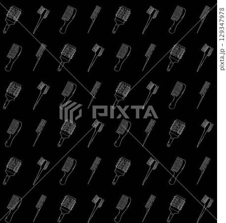 Hairdresser combs Hair Salon seamless pattern. Vector graphic line ink illustration. barber shop beauty background of isolated element. Different types of comb and scallop. Hairdresser combs Hair Salon seamless pattern. Vector graphic line ink illustration. barber shop beauty background of isolated element. Different types of comb and scallop. 129347978