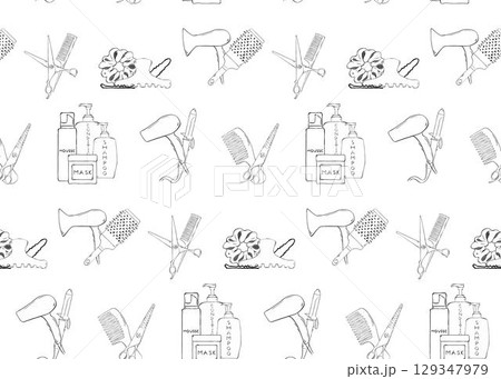 Hair salon and beauty seamless pattern with thin line icons. Vector graphic line ink illustration. Banner, poster, wrapping paper, sticker, print, modern textile design. 129347979