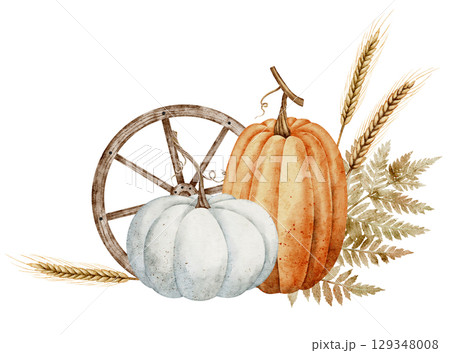 Watercolor illustration with pumpkins with wagon wheel and wheat in a rustic autumnal composition. Drawing with fall fern leaf an wheat for harvest festival greeting cards or seasonal invitations. 129348008