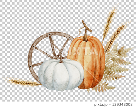 Watercolor illustration with pumpkins with wagon wheel and wheat in a rustic autumnal composition. Drawing with fall fern leaf an wheat for harvest festival greeting cards or seasonal invitations. 129348008