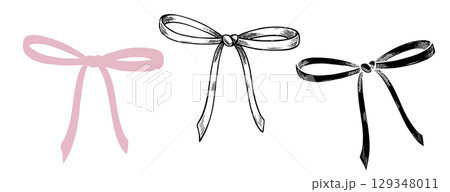 Vector illustration of loosely tied Bows with trailing Ribbons in pink and black inks. Linear drawing of party element for Baby shower greeting cards or wedding invitations. Art for Birthday design. Vector illustration of loosely tied Bows with trailing Ribbons in pink and black inks. Linear drawing of party element for Baby shower greeting cards or wedding invitations. Art for Birthday design. 129348011