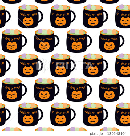 Halloween Cup with Pumpkin Trick or Treat Text on Front with potion, marshmallow. Seamless Pattern 129348104