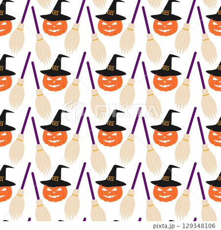 Hand drawn Halloween Pumpkins in Witch and Hat Brooms Seamless Pattern Halloween Minimalist Backdrop 129348106