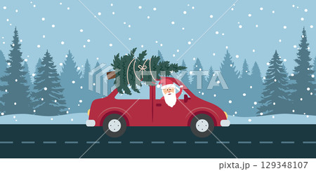 santa drive with red car and christmas tree in snowy winter landscape vector illustration 129348107