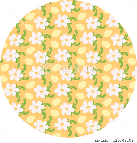 Easter Eggs and Chamomile flowers with decorative leaves Pattern on Circular Backdrop Easter Fond 129348108