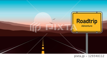 road trip adventure in mountain landscape at sunset vector illustration 129348112