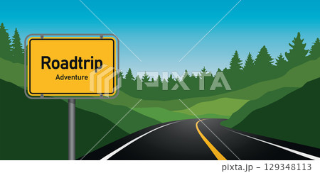 road trip adventure in the forest in mountain landscape vector illustration road trip adventure in the forest in mountain landscape vector illustration 129348113