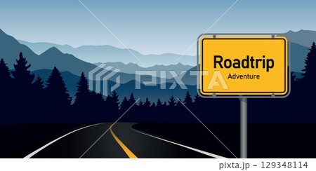 road trip adventure in the forest in mountain landscape vector illustration road trip adventure in the forest in mountain landscape vector illustration 129348114