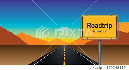 road trip adventure in mountain landscape at sunset vector illustration road trip adventure in mountain landscape at sunset vector illustration 129348115