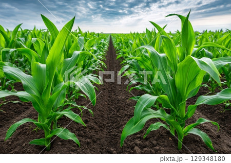 Rows of young corn growing in fertile soil under cloudy sky 129348180