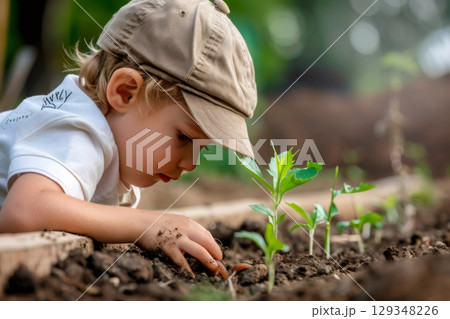 Curious child examining small plants growing in garden bed 129348226