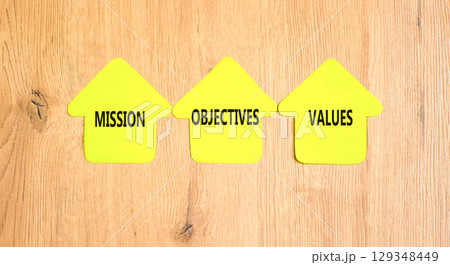 Mission objectives values symbol. Concept words Mission Objectives Values on beautiful yellow paper houses. Beautiful wooden background. Business mission objectives values concept. Copy space. 129348449
