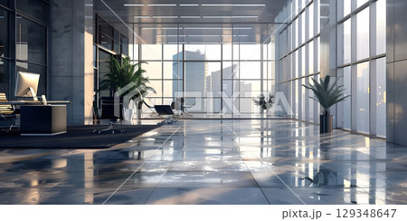 Modern office with white walls, tiled floor, white computer tables and armchair - Ai Generated 129348647