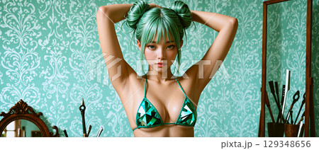 緑のビキニを着た美女 Beautiful woman in a green bikini 緑のビキニを着た美女 Beautiful woman in a green bikini 129348656