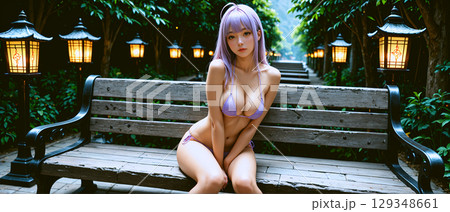 ベンチに座る紫のビキニを着た美女　Beautiful woman in a purple bikin 129348661