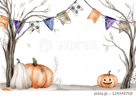 Halloween Banner watercolor illustration. Drawing of frame with garlands and trees with spider web with spider on isolated for Halloween greeting cards. Border with pumpkin with face and fall leaves Halloween Banner watercolor illustration. Drawing of frame with garlands and trees with spider web with spider on isolated for Halloween greeting cards. Border with pumpkin with face and fall leaves 129348708