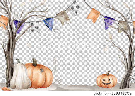 Halloween Banner watercolor illustration. Drawing of frame with garlands and trees with spider web with spider on isolated for Halloween greeting cards. Border with pumpkin with face and fall leaves Halloween Banner watercolor illustration. Drawing of frame with garlands and trees with spider web with spider on isolated for Halloween greeting cards. Border with pumpkin with face and fall leaves 129348708
