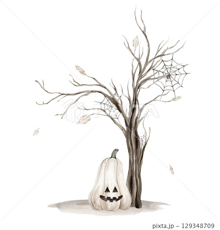 Watercolor illustration Tree without leaves silhouette and pumpkins with a face isolated on white background. Brown dry Trees for Halloween with autumn leaves and grey earth and spider web with spider 129348709
