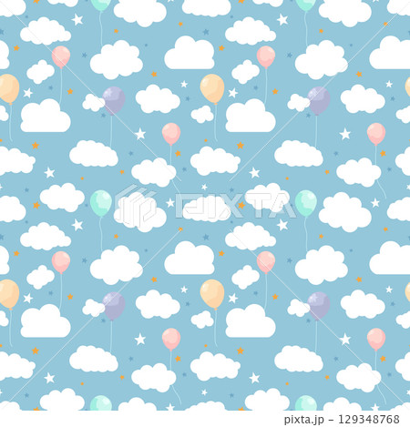 Seamless pattern with white clouds, colorful balloons and stars on a blue sky background 129348768