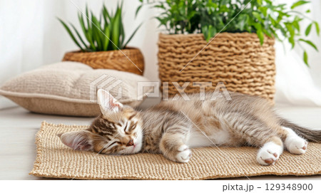 Kitten sleeping peacefully on textured mat with houseplants in cozy room 129348900