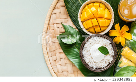 Colorful Thai cuisine including mango sticky rice, spring rolls, and curry, Songkran food background Colorful Thai cuisine including mango sticky rice, spring rolls, and curry, Songkran food background 129348985