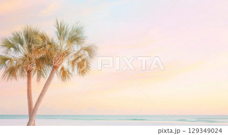 Two palm trees on serene sunset beach with pastel sky, nature background Two palm trees on serene sunset beach with pastel sky, nature background 129349024