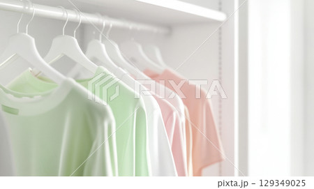 Light pastel clothes on rail, soft colors and minimal design background 129349025