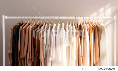 Neutral clothes hanging on a rail in a bright, organized closet, background 129349026