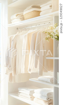 Neutral clothes hanging on a rail in a bright, organized closet, background 129349027