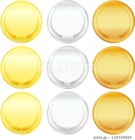 月桂樹の輪が飾られた金、銀、銅の丸い立体的なメダル 月桂樹の輪が飾られた金、銀、銅の丸い立体的なメダル 129349084