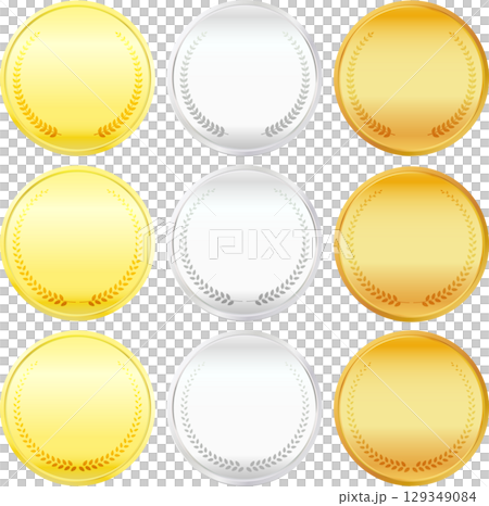 Round, three-dimensional medals in gold, silver, and bronze decorated with laurel wreaths 129349084