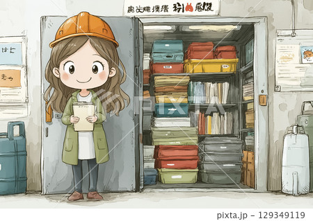 学校の防災倉庫を点検する先生のイラスト素材 学校の防災倉庫を点検する先生のイラスト素材 129349119