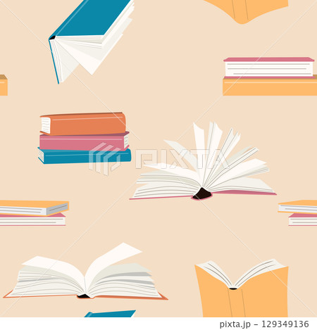 Seamless book background. Open books and stacks. Seamless book background. Open books and stacks. 129349136