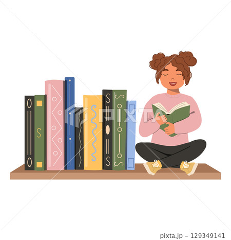 Girl reading a book sitting on bookshelf. Girl reading a book sitting on bookshelf. 129349141