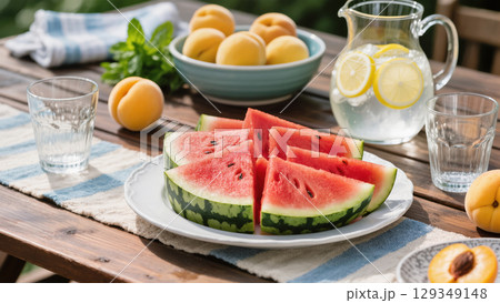 Fresh watermelon slices and apricots on outdoor wooden table with lemon water, perfect for summer picnic moments Fresh watermelon slices and apricots on outdoor wooden table with lemon water, perfect for summer picnic moments 129349148